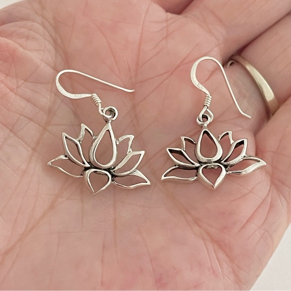 Sterling Silver Lotus Dangle Earrings, Flower Earring, Eternity Silver Earring - Picture 2 of 8